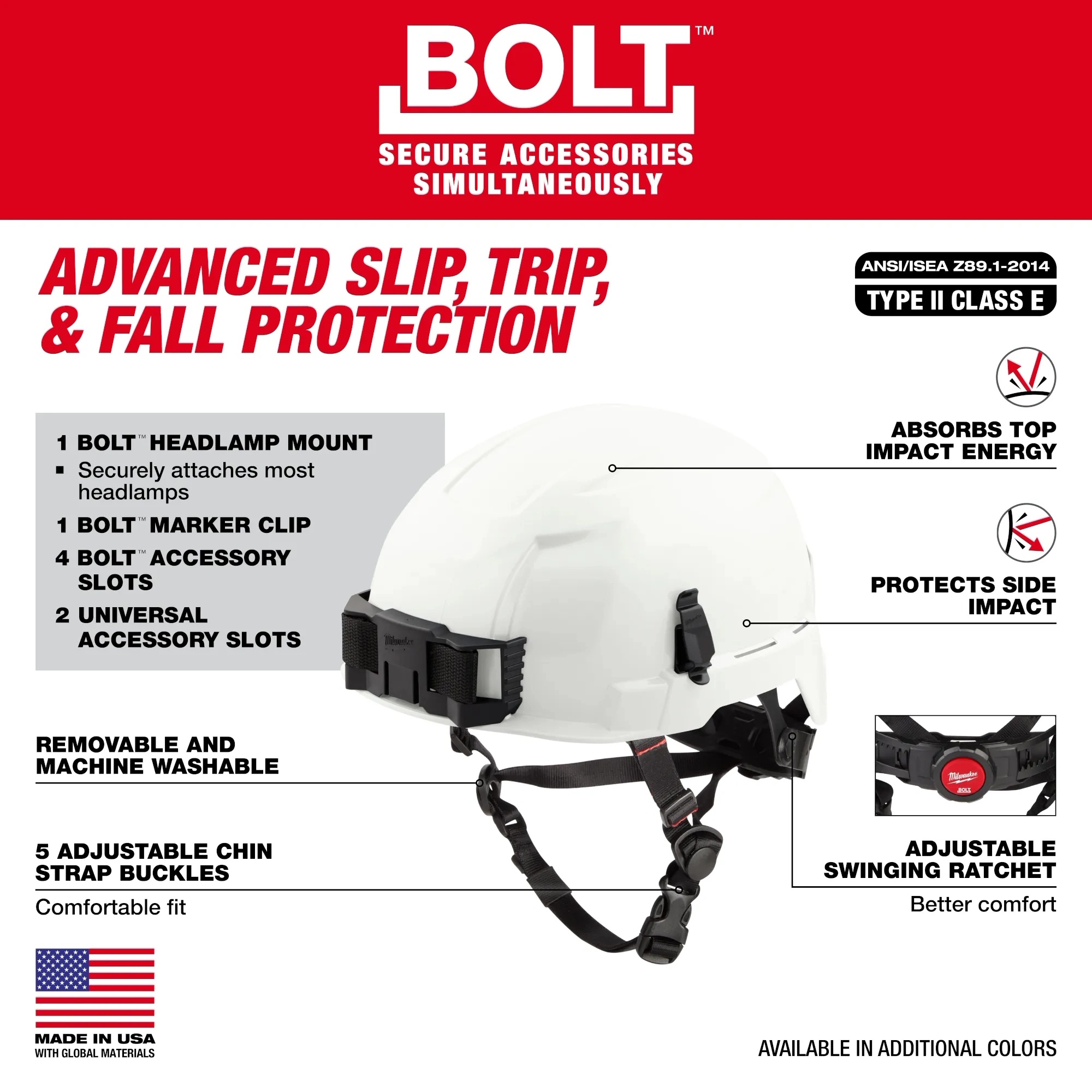 Casco de seguridad negro BOLT™ con forro IMPACT ARMOR™ (EE. UU.): Tipo 2, Clase E